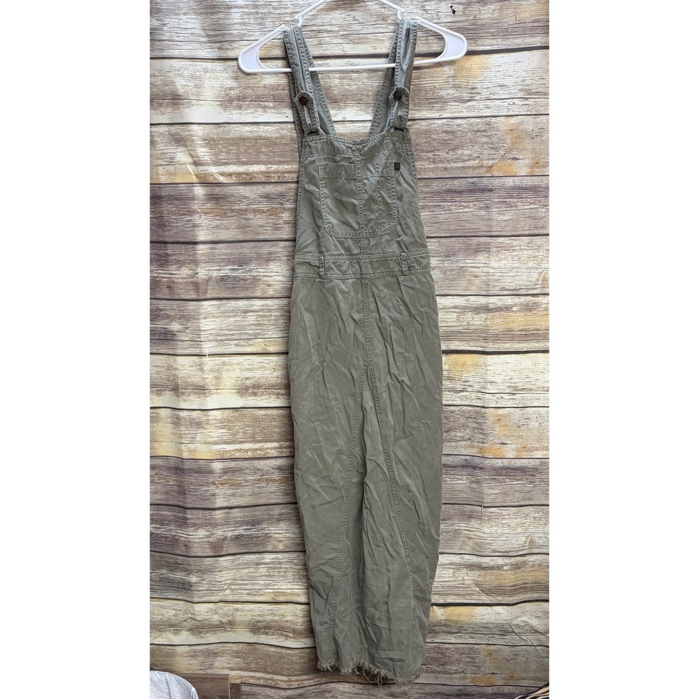 Democracy Petite Olive Green Denim Maxi Overall Dress Small Raw Hem Bib Pocket
